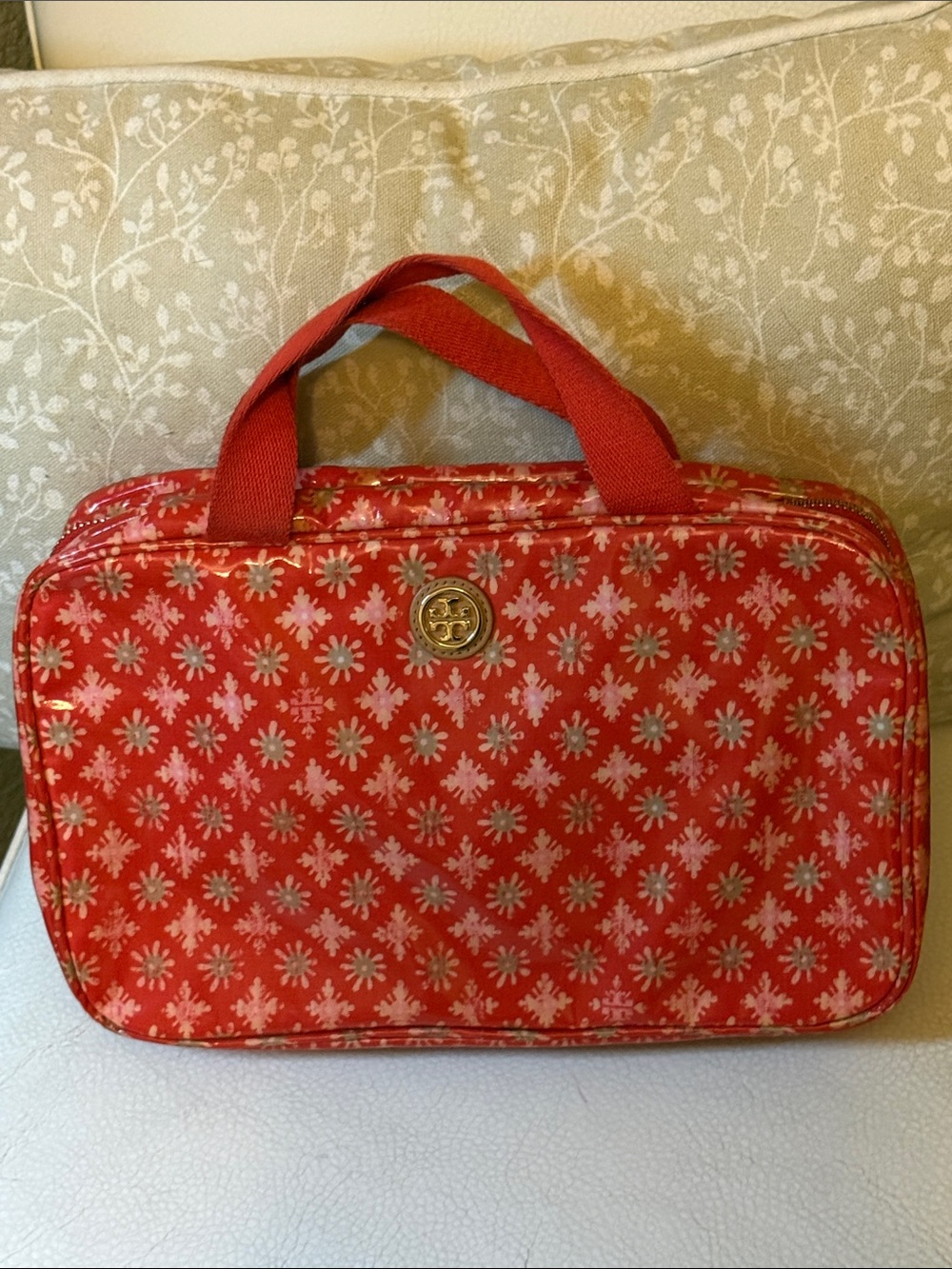 Tory Burch Red and Pink Patterned Tote with Gold Logo